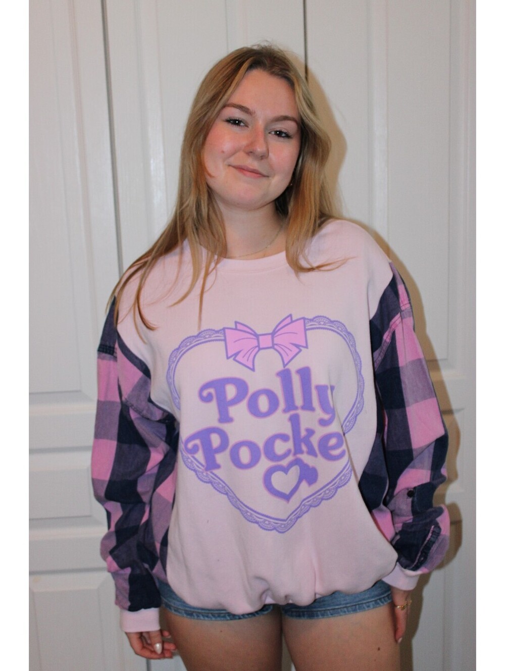 Reworked Vintage Polly Pocket Pink and Purple Plaid Sleeve Sweatshirt